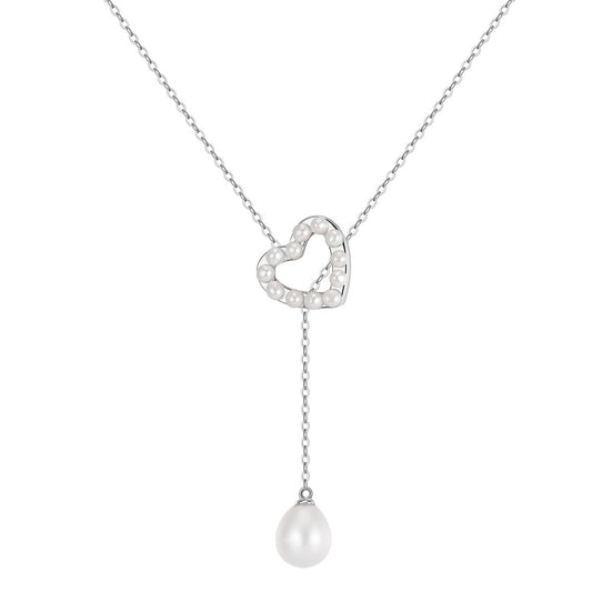 Hollow Heart Freshwater Pearl Lariat Necklace, Mini Pearls Set in Heart Frame with Teardrop Pearl Drop Pendant S925 Silver Chain