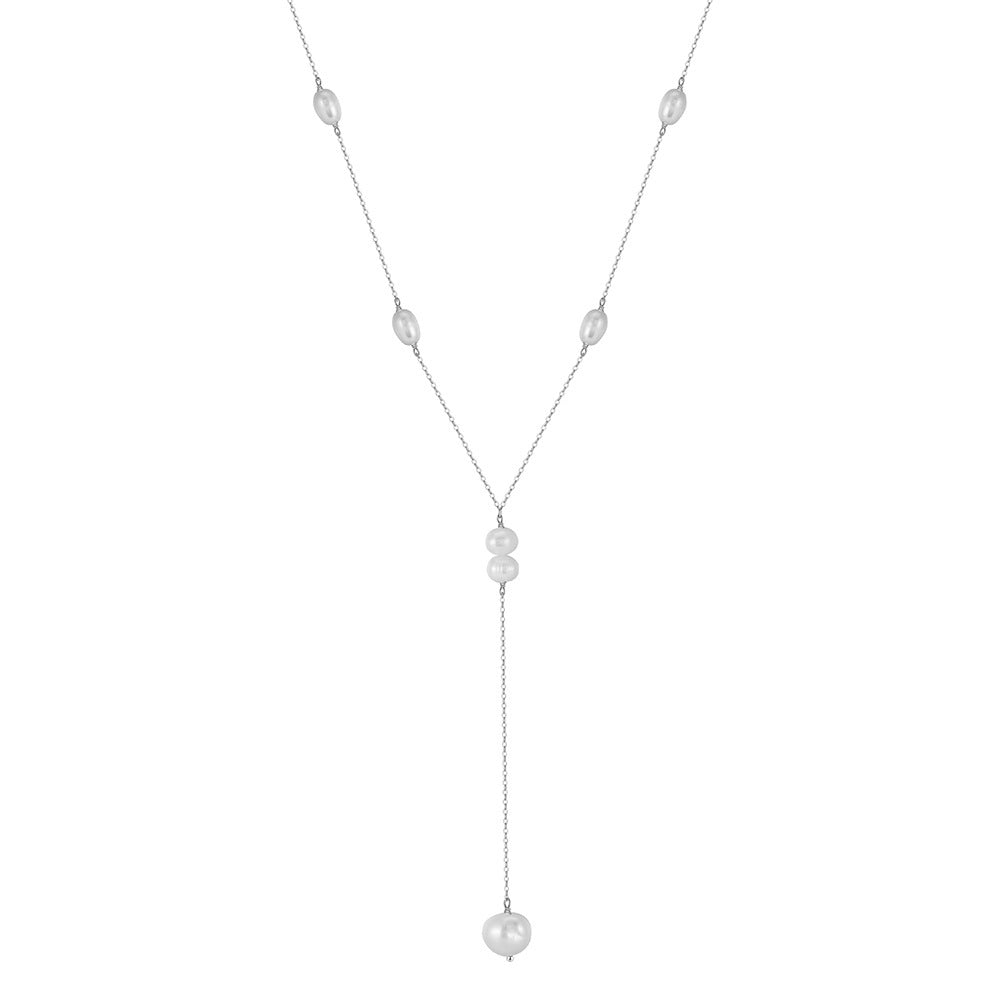 Gold Stainless Steel Baroque Pearl Y Drop Necklace, Multi Size Rice Pearl Lariat Pendant Cable Chain Necklace