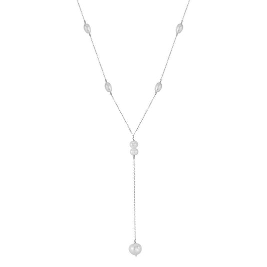 Gold Stainless Steel Baroque Pearl Y Drop Necklace, Multi Size Rice Pearl Lariat Pendant Cable Chain Necklace