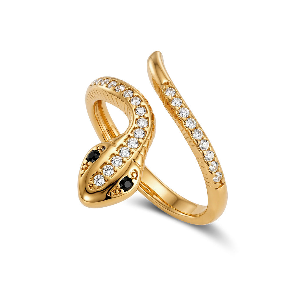 Gold Plated Stainless Steel Wrap Snake Ring, Pave Clear & Black CZ Inlay