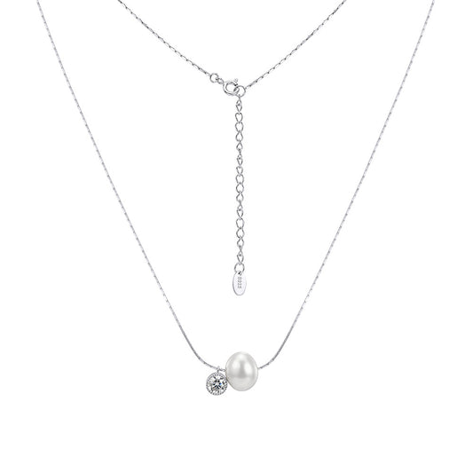 Single Large Glossy Oval Freshwater Pearl Necklace, Solitaire Lustrous Pearl with Tiny Cubic Zirconia Accent S925 Silver Snake Chain