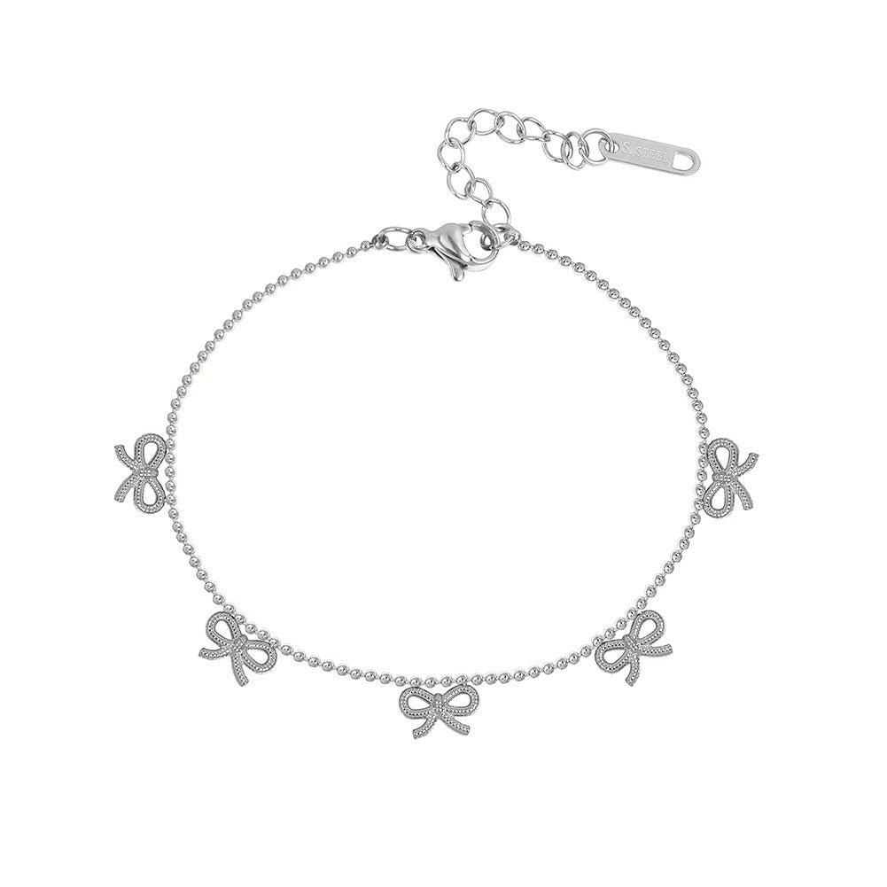 Silver Stainless Steel Ball Chain Bracelet, Micro Paved CZ Bowknot Charms, Delicate Dainty Design, Adjustable