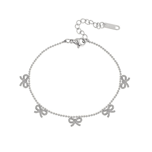 Silver Stainless Steel Ball Chain Bracelet, Micro Paved CZ Bowknot Charms, Delicate Dainty Design, Adjustable
