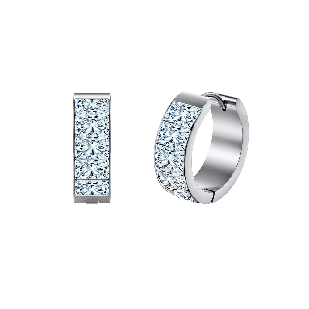 Silver Stainless Steel Princess Cut CZ Wide Huggie Hoop Earrings