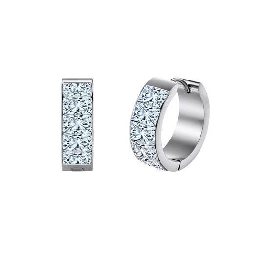 Silver Stainless Steel Princess Cut CZ Wide Huggie Hoop Earrings