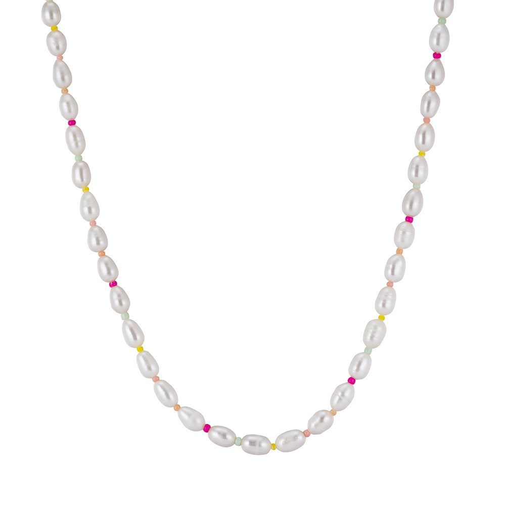 Stainless Steel Colorful Beaded Baroque Pearl Necklace, White Rice Pearl Mixed Multicolour Tiny Seed Bead Chain