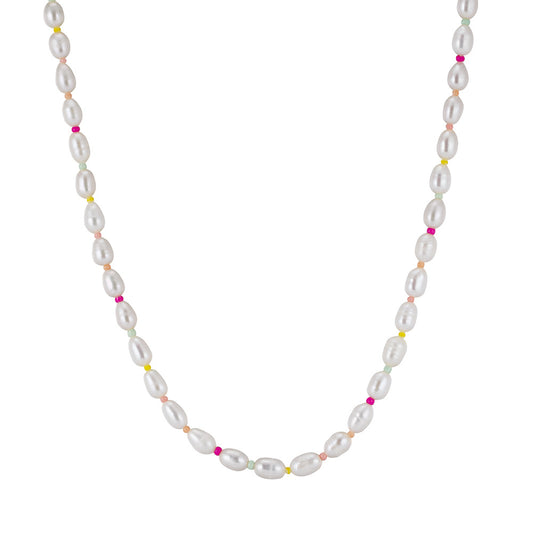 Stainless Steel Colorful Beaded Baroque Pearl Necklace, White Rice Pearl Mixed Multicolour Tiny Seed Bead Chain