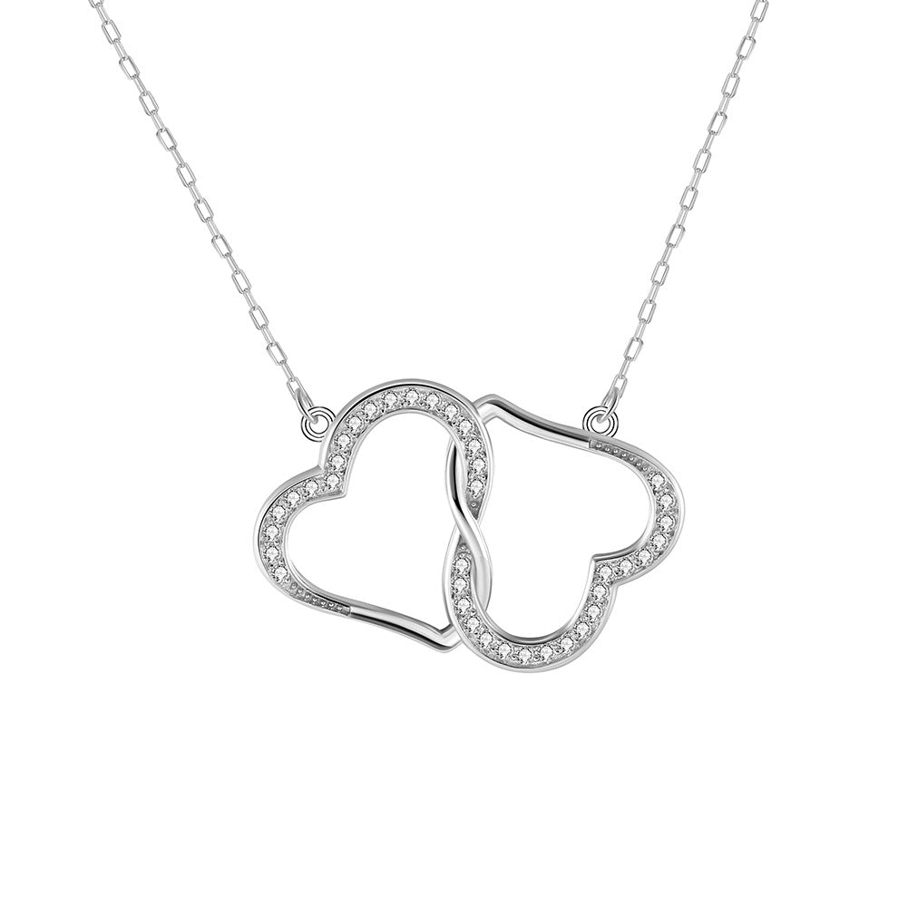 Silver Stainless Steel Interlocking Double Heart Necklace, Paved CZ Hollow Linked Heart Paperclip Chain Necklace