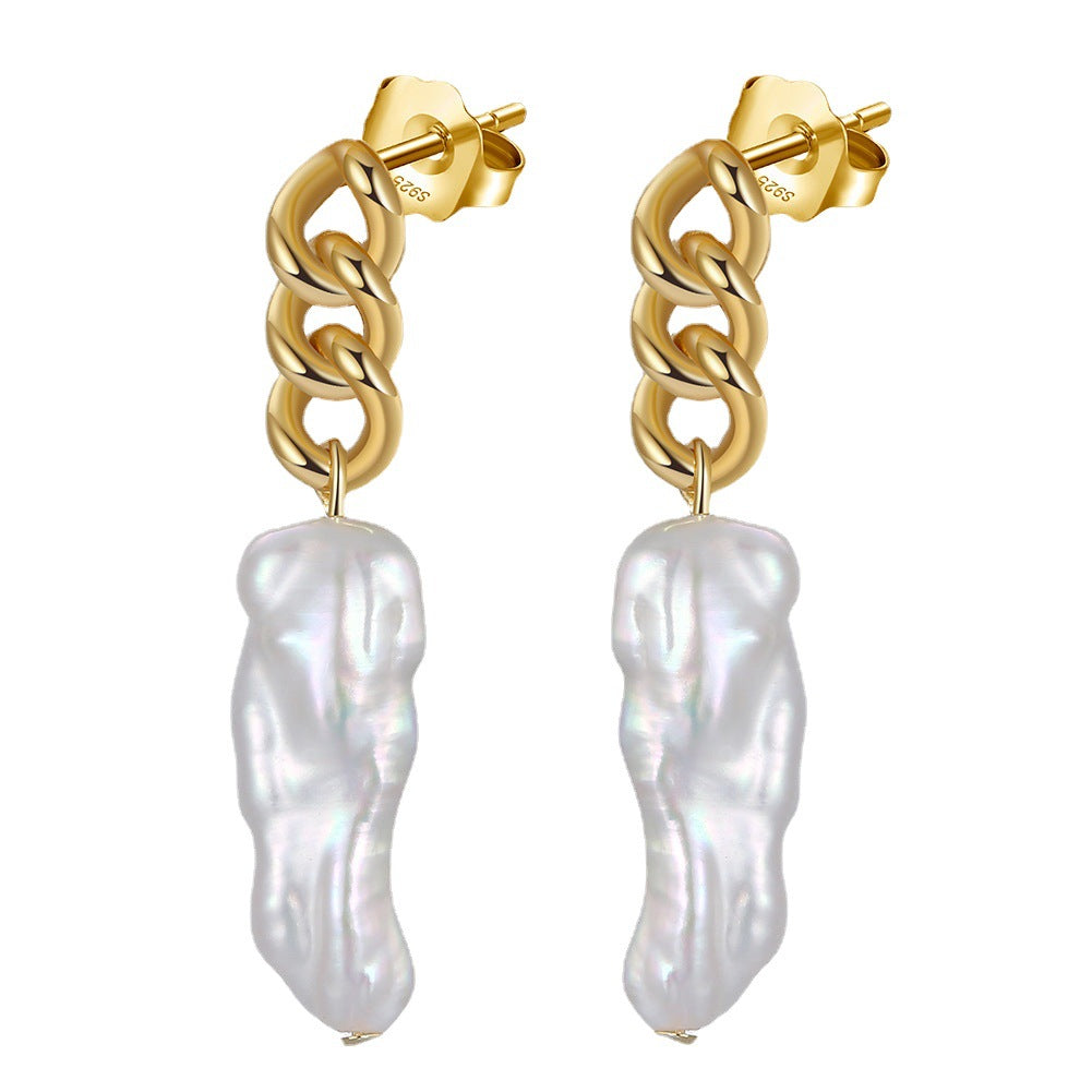 S925 Sterling Silver Thick Curb Chain Biwa Pearl Stud Earrings, Large Elongated Biwa Baroque Freshwater Pearl with Natural Rainbow Iridescent Luster