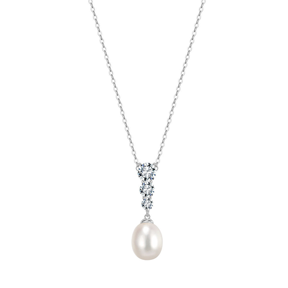 Teardrop Lustrous Freshwater Pearl Drop Necklace, Oval White Pearl with Vertical Graduated Cubic Zirconia Setting S925 Silver Chain