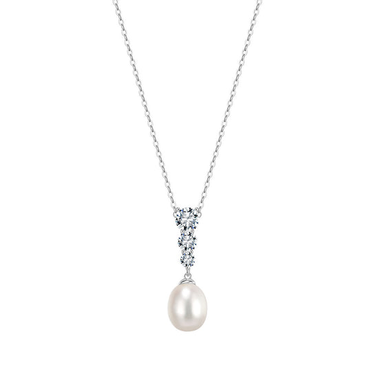 Teardrop Lustrous Freshwater Pearl Drop Necklace, Oval White Pearl with Vertical Graduated Cubic Zirconia Setting S925 Silver Chain