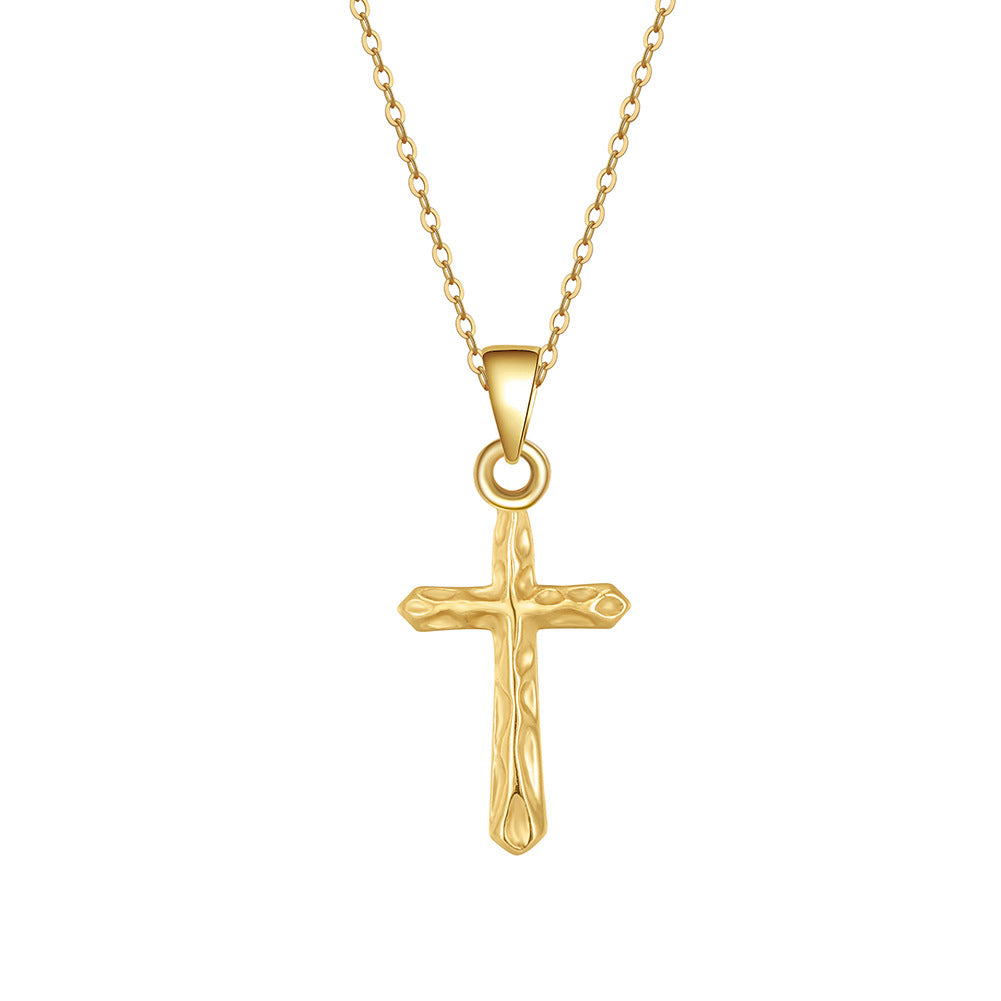 Gold Stainless Steel Hammered Textured Cross Pendant Necklace, Simple Rolo Cable Chain Religious Cross Charm Jewelry