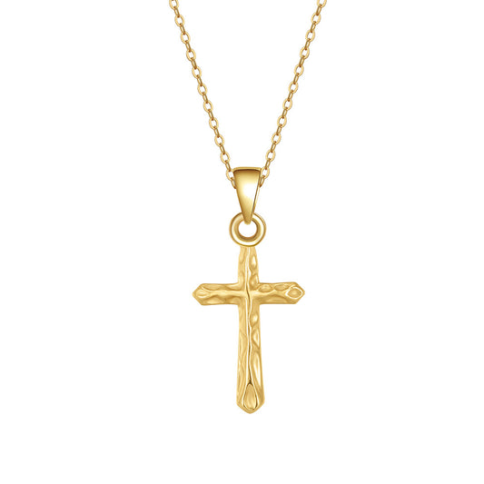 Gold Stainless Steel Hammered Textured Cross Pendant Necklace, Simple Rolo Cable Chain Religious Cross Charm Jewelry