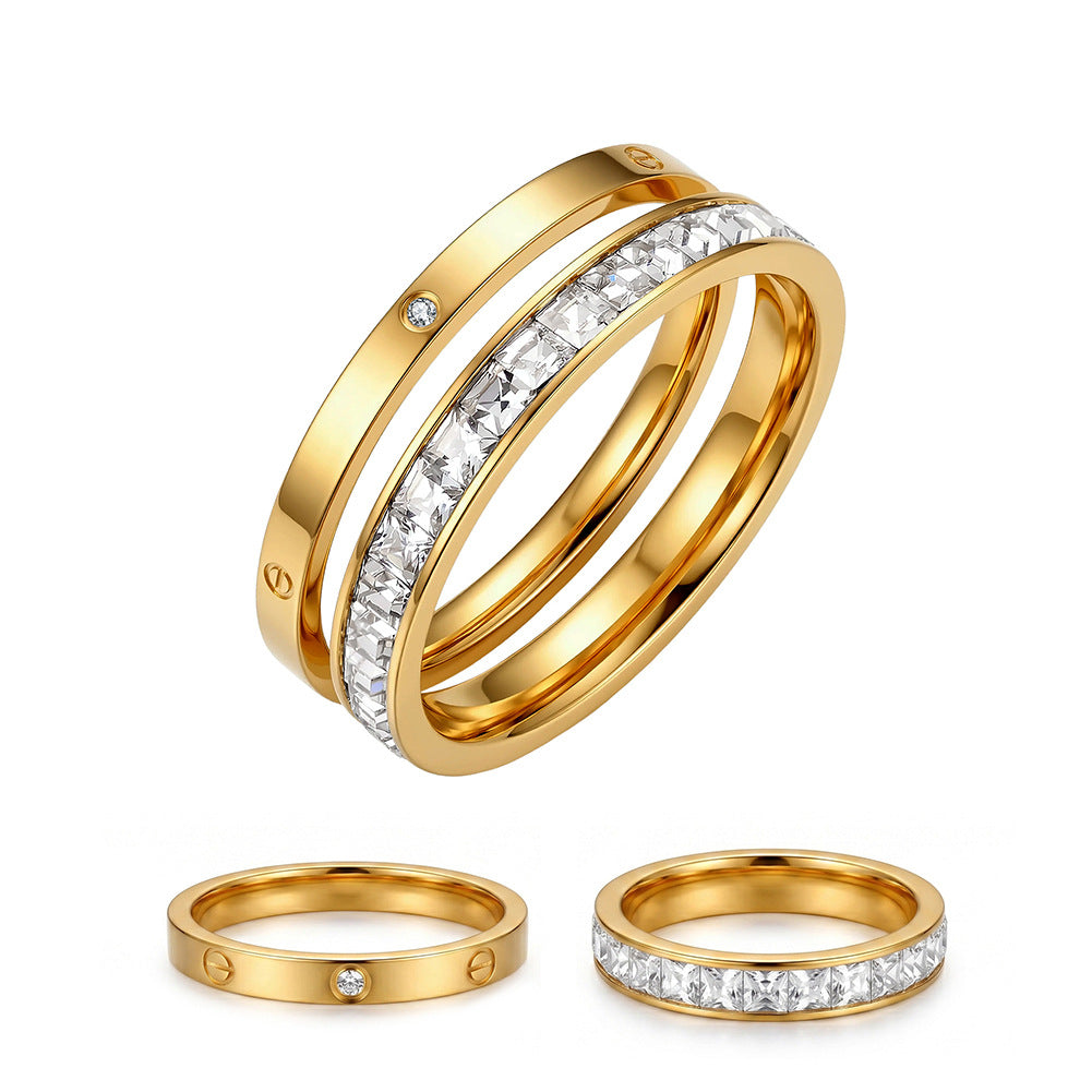 Gold Plated Stainless Steel Stackable Ring Set, Screw Detail Band and Baguette CZ Eternity Ring