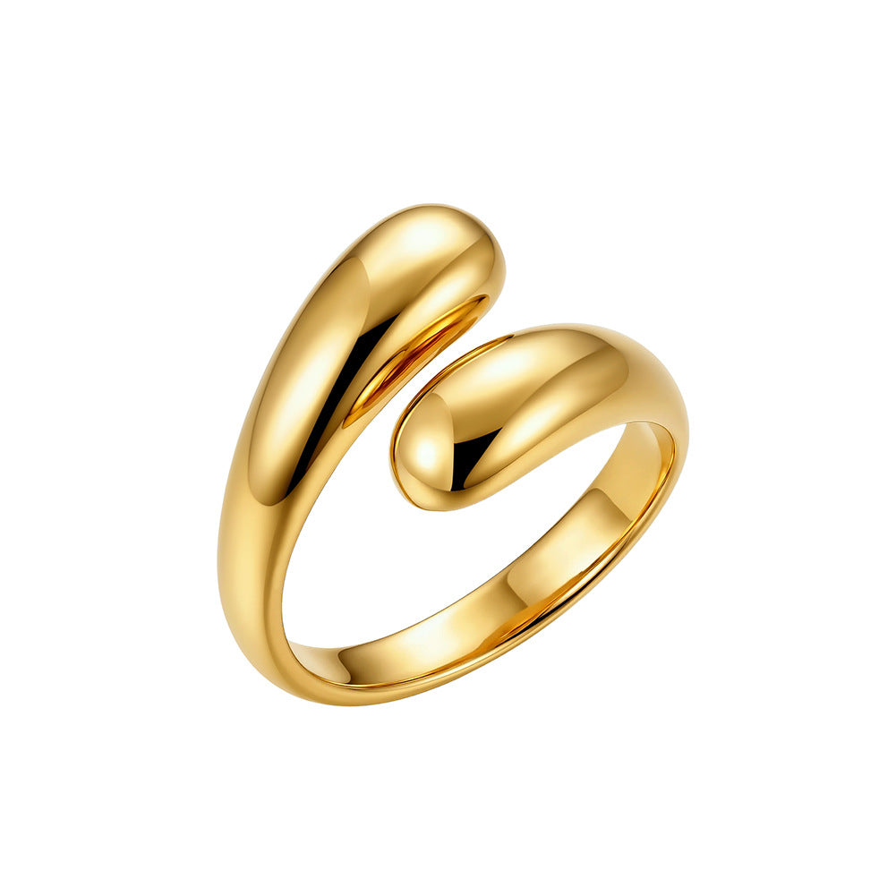 Gold Plated Stainless Steel Open Cuff Ring, Chunky Polished Teardrop Shaped Ends