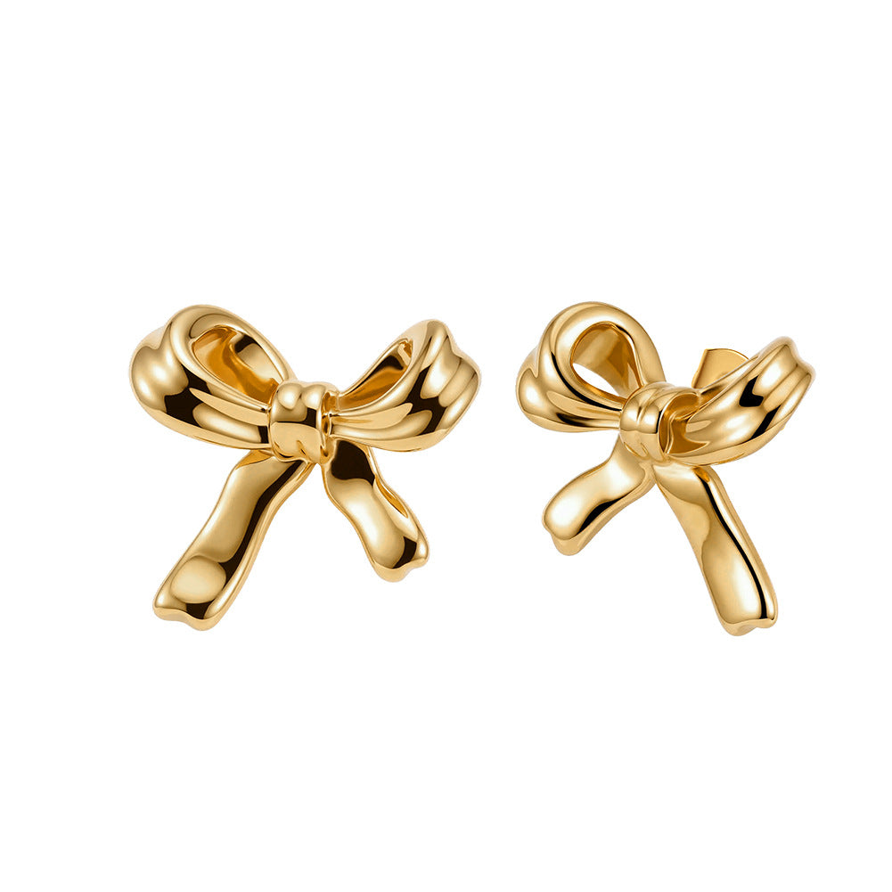 Gold Plated Stainless Steel Smooth Puffy Bow Stud Earrings