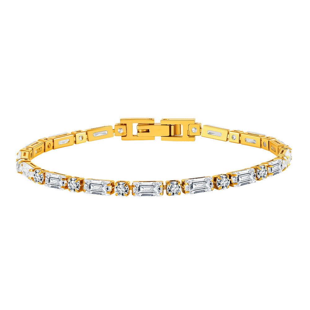 Gold Plated Stainless Steel Emerald Cut CZ Link Bracelet, Rectangle Baguette Cut Zirconia Stone Setting