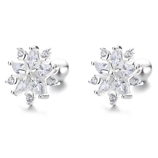 925 Sterling Silver Snowflake Screw Back Stud Earrings
