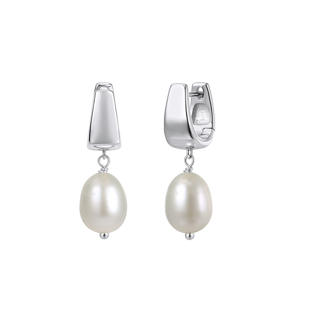 S925 Sterling Silver Huggie Hoop Teardrop Freshwater Pearl Dangle Earrings, Polished U-Shape Hoop with Lustrous Oval Pearl Drop