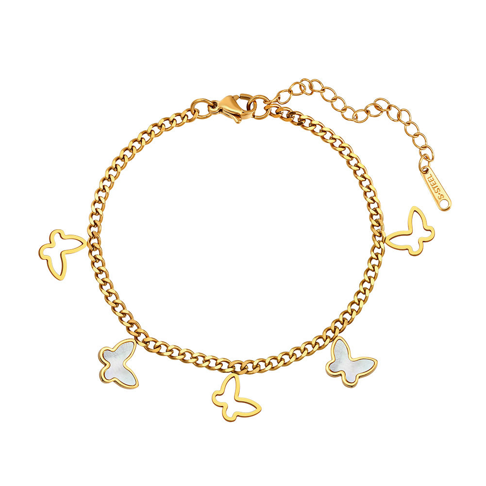 Gold Plated Stainless Steel Curb Chain Butterfly Bracelet, Hollow Outline Butterflies & Mother of Pearl Inlaid Butterfly Charms