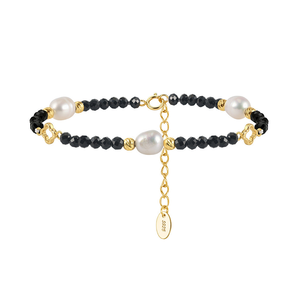 S925 Gold Plated Beaded Bracelet, Irregular Lustrous Baroque Freshwater Pearls paired with Faceted Black Onyx Beads, Hollow Clover Details, Adjustable Extension Chain