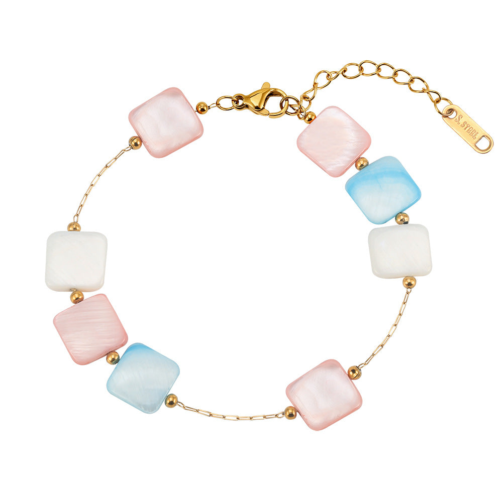 Gold Plated Stainless Steel Bracelet, Multicolor Square Shell Bead Station Chain, Adjustable Extension Clasp