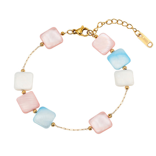 Gold Plated Stainless Steel Bracelet, Multicolor Square Shell Bead Station Chain, Adjustable Extension Clasp