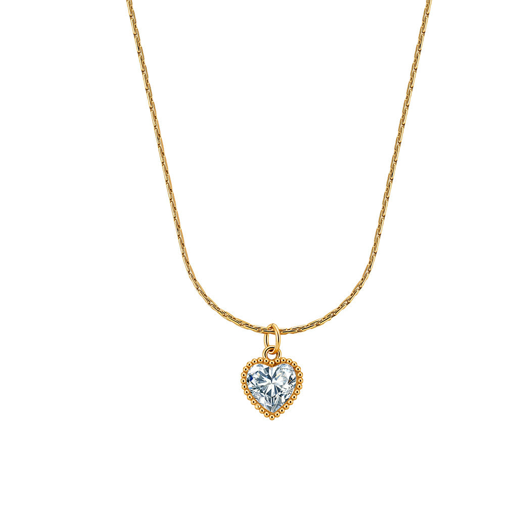 Gold Stainless Steel Bezel Heart CZ Necklace, Heart Shape Cubic Zirconia Surrounded by Tiny Beaded Frame, Thin Rectangle Link Chain
