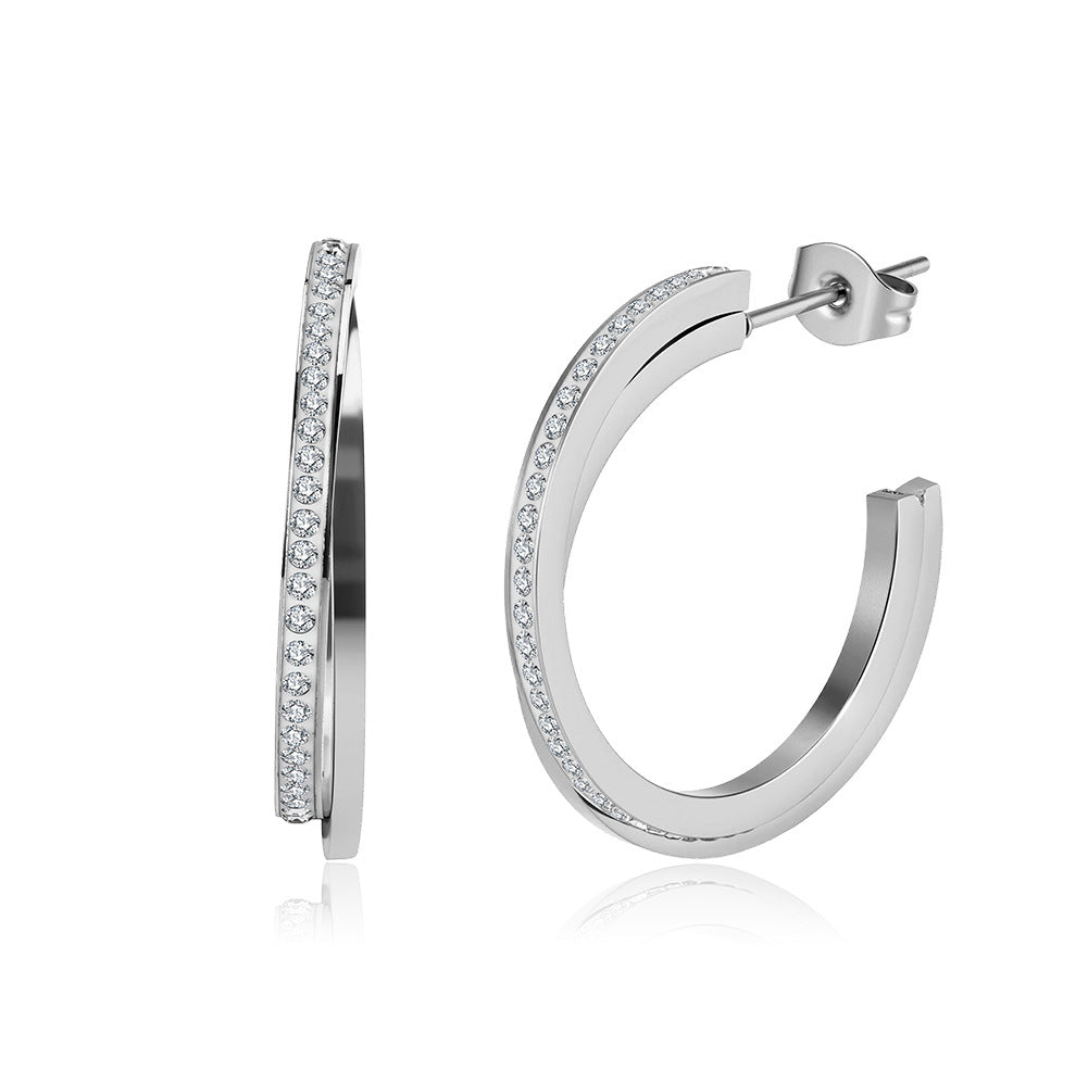 Silver Stainless Steel Double Layer Open C Hoop Earrings With Paved CZ Stones