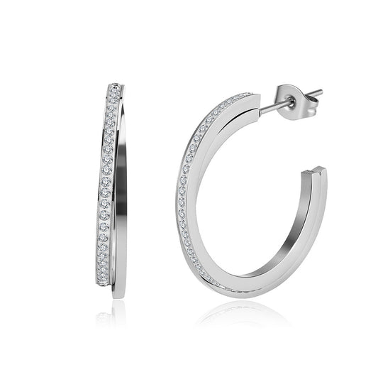 Silver Stainless Steel Double Layer Open C Hoop Earrings With Paved CZ Stones