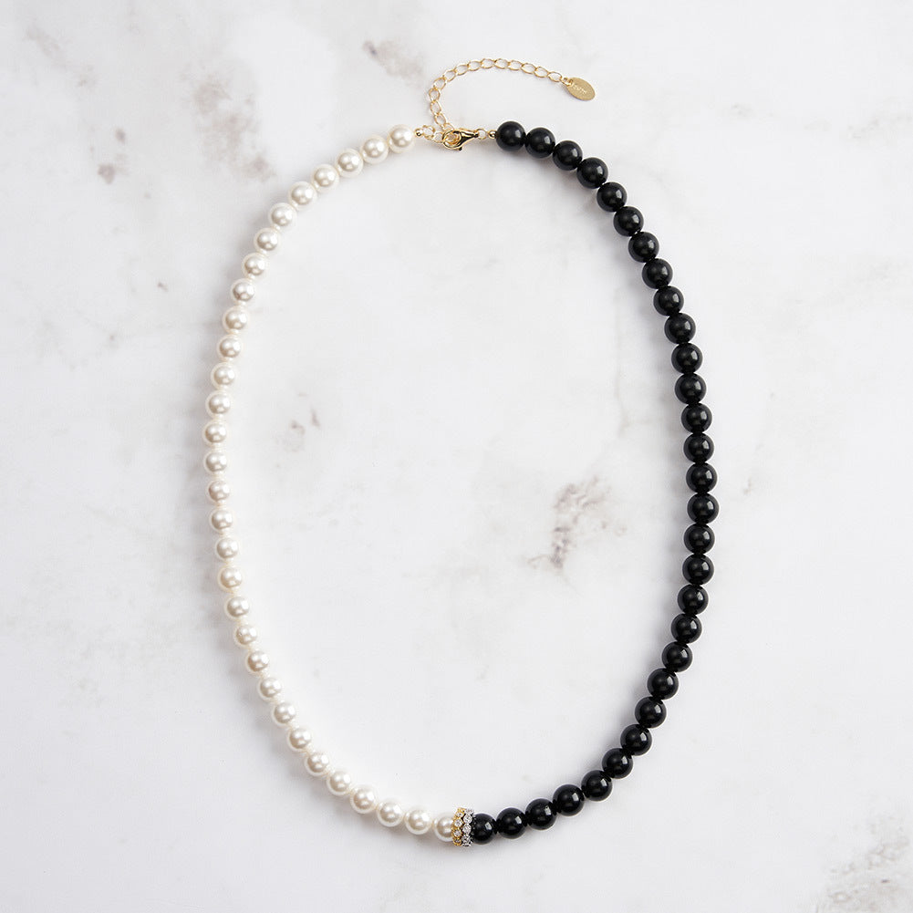 Gold Stainless Steel Two-Tone Beaded Necklace, Black Matte Round Beads & White Imitation Pearl Mixed Strand with CZ Spacer