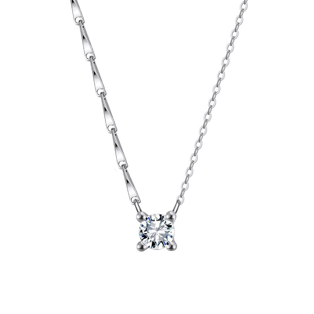 Silver Stainless Steel Solitaire Round CZ Necklace, Four Prong Single Clear Zircon Pendant Mixed Twisted & Cable Chain