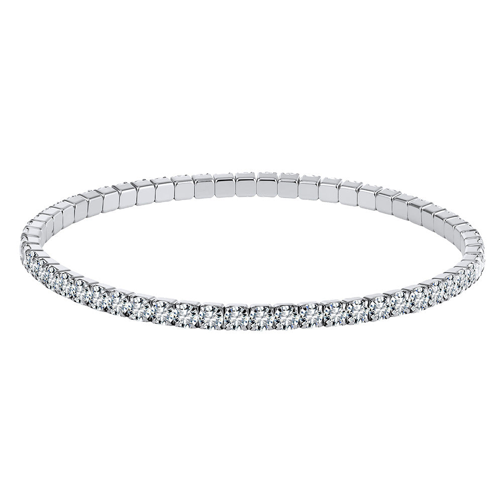 Silver Stainless Steel Stretch Tennis Bracelet, Flexible Elastic Band Fully Paved Cubic Zirconia, No Clasp