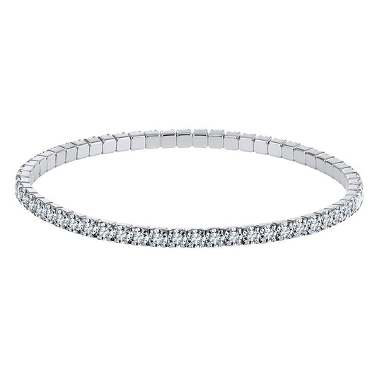 Silver Stainless Steel Stretch Tennis Bracelet, Flexible Elastic Band Fully Paved Cubic Zirconia, No Clasp