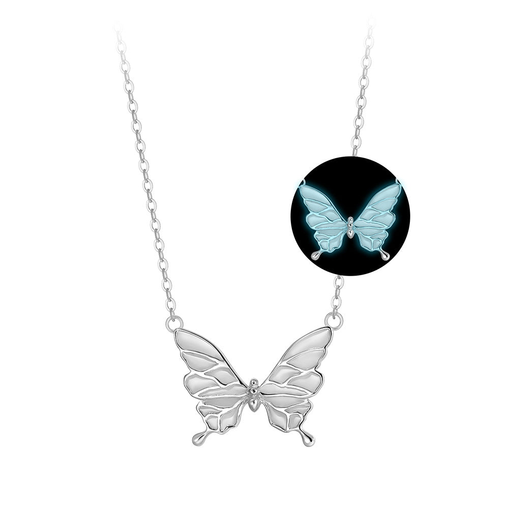 Gold Stainless Steel Glow In The Dark Butterfly Pendant Necklace, Luminous Enamel Butterfly Charm Cable Chain Necklace