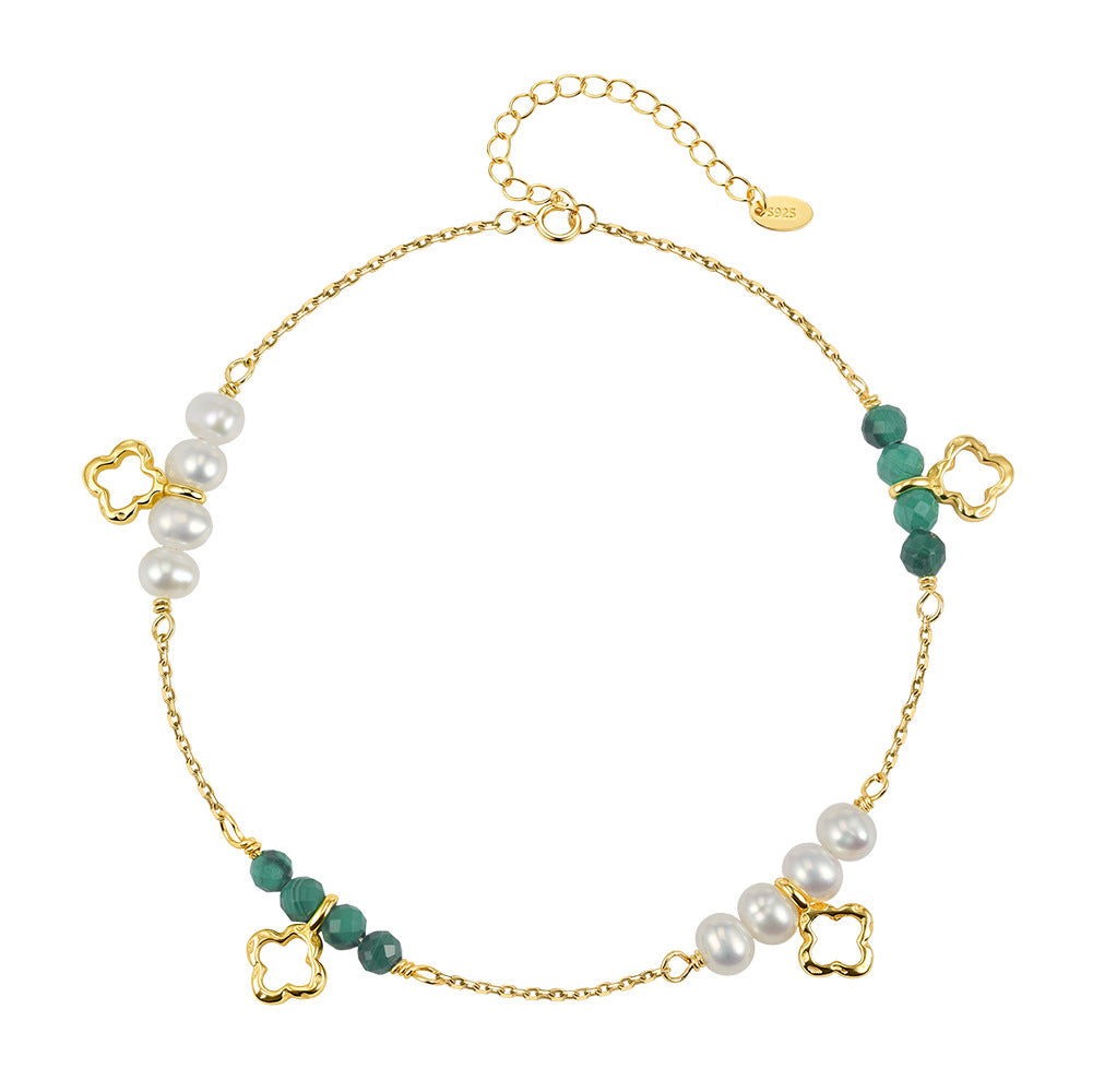MPB24S925 Gold Plated Clover Pearl Bracelet, Dainty Cable Chain with Lustrous Freshwater Pearls & Green Malachite Beads, Hollow Four Leaf Clover Charms