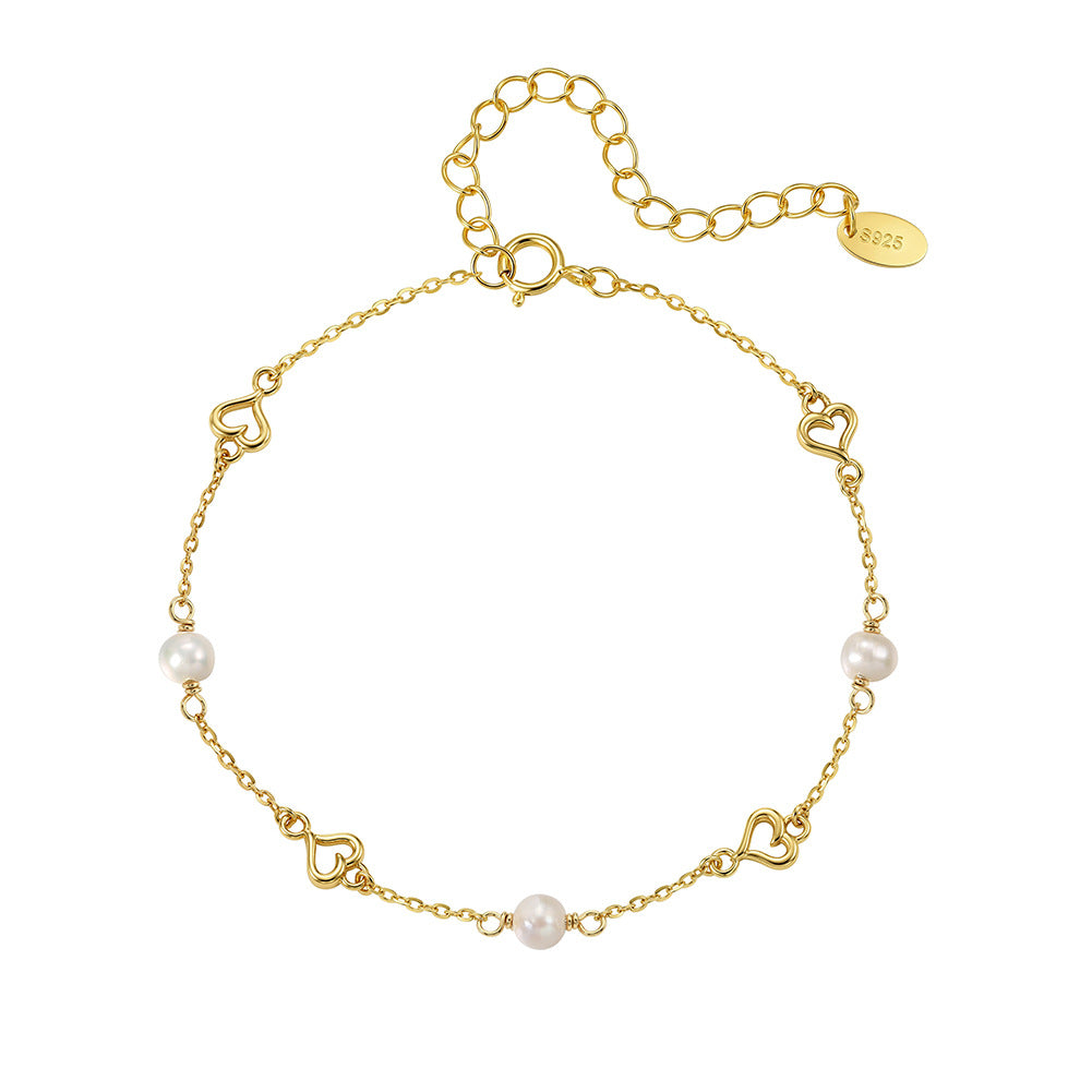 S925 Sterling Silver Thin Chain Bracelet, Round Lustrous Freshwater Pearls & Hollow Open Heart Charms, Adjustable Extension Chain