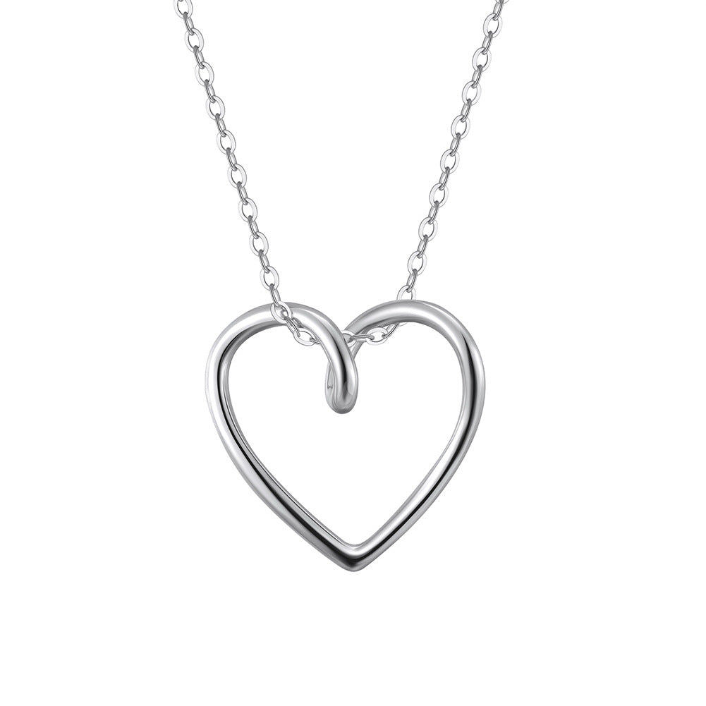 Silver Stainless Steel Open Hollow Heart Necklace, Intertwined Loop Outline Heart Pendant Thin Cable Chain