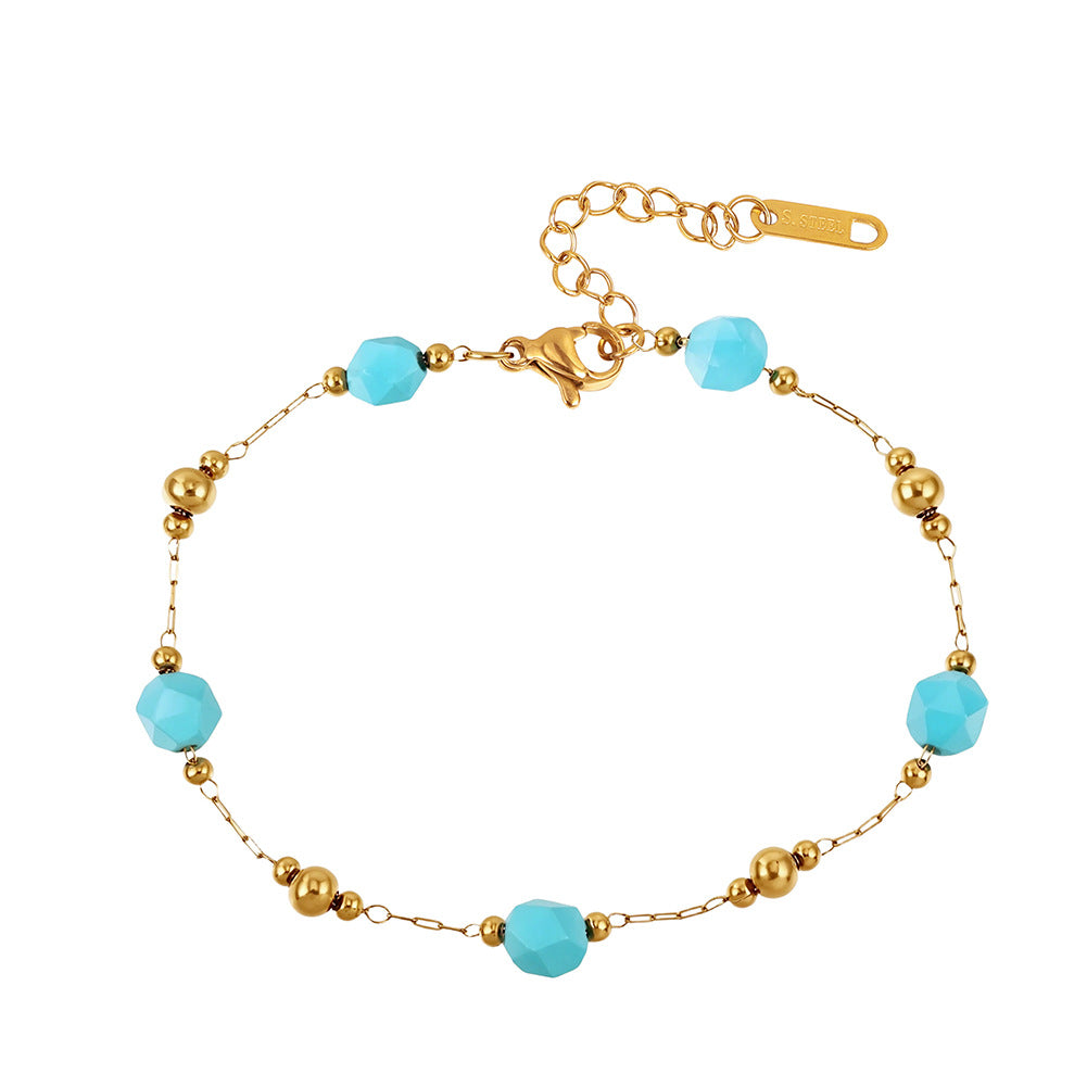 Gold Plated Stainless Steel Bracelet, Turquoise Faceted Beads & Gold Ball Bead Station Chain, Adjustable Extension