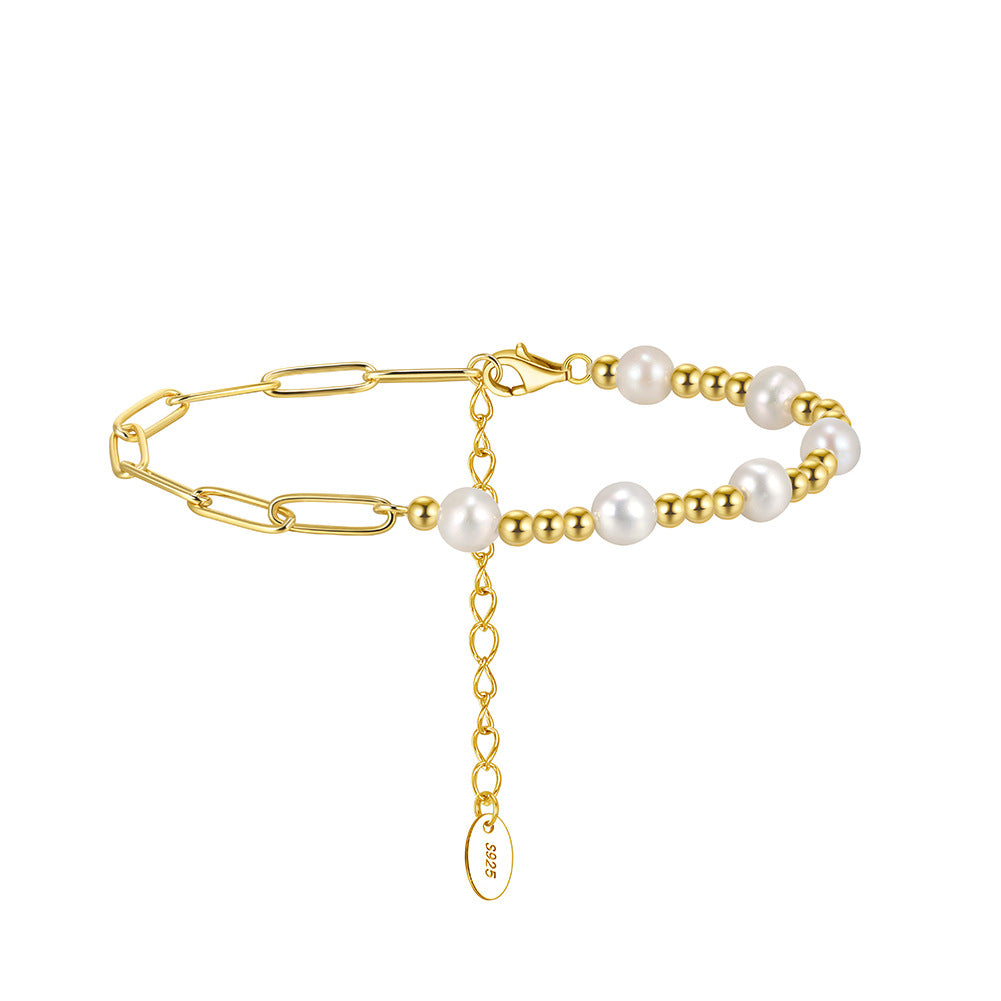 S925 Sterling Silver Half Paperclip Half Ball Chain Bracelet, Round Lustrous White Freshwater Pearls, Adjustable Extension Chain