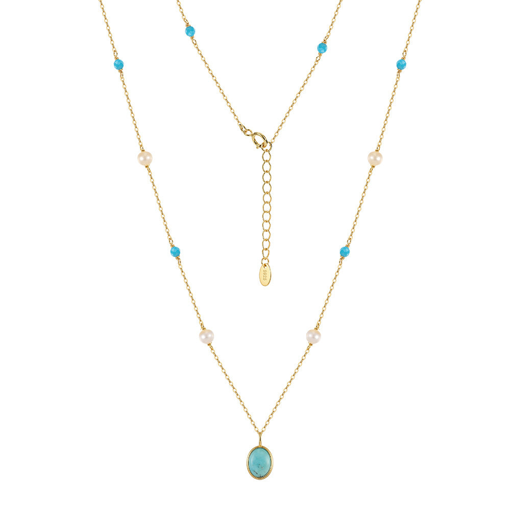 Gold Stainless Steel Turquoise & Freshwater Pearl Station Necklace, Oval Turquoise Bezel Pendant Adjustable Cable Chain