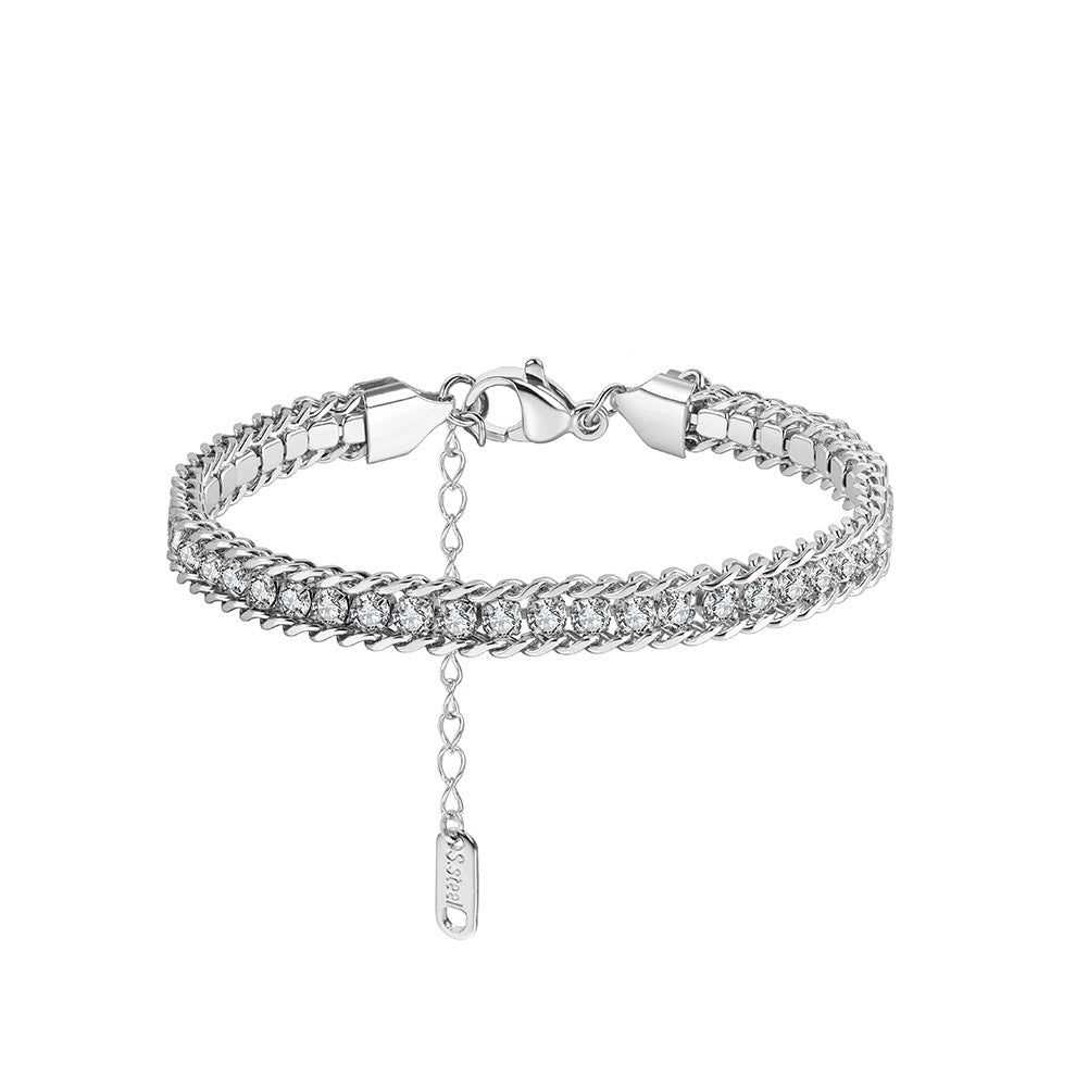 Silver Stainless Steel Double Row CZ Braided Bracelet, Inlaid Cubic Zirconia Woven Chain, Adjustable Extension