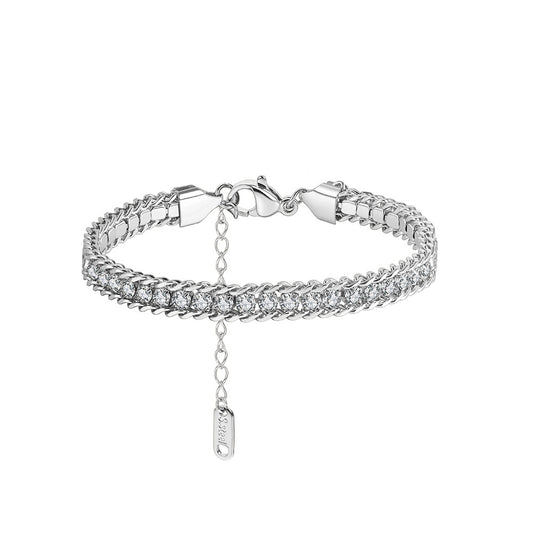 Silver Stainless Steel Double Row CZ Braided Bracelet, Inlaid Cubic Zirconia Woven Chain, Adjustable Extension