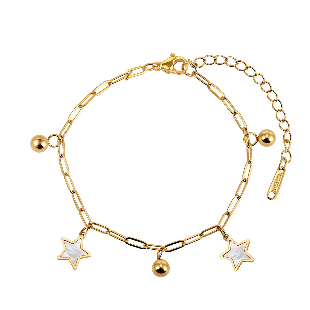 Gold Plated Stainless Steel Paperclip Chain Bracelet, 2 Mother of Pearl Star Charms & Round Metal Ball Beads, Adjustable