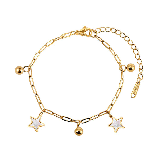 Gold Plated Stainless Steel Paperclip Chain Bracelet, 2 Mother of Pearl Star Charms & Round Metal Ball Beads, Adjustable