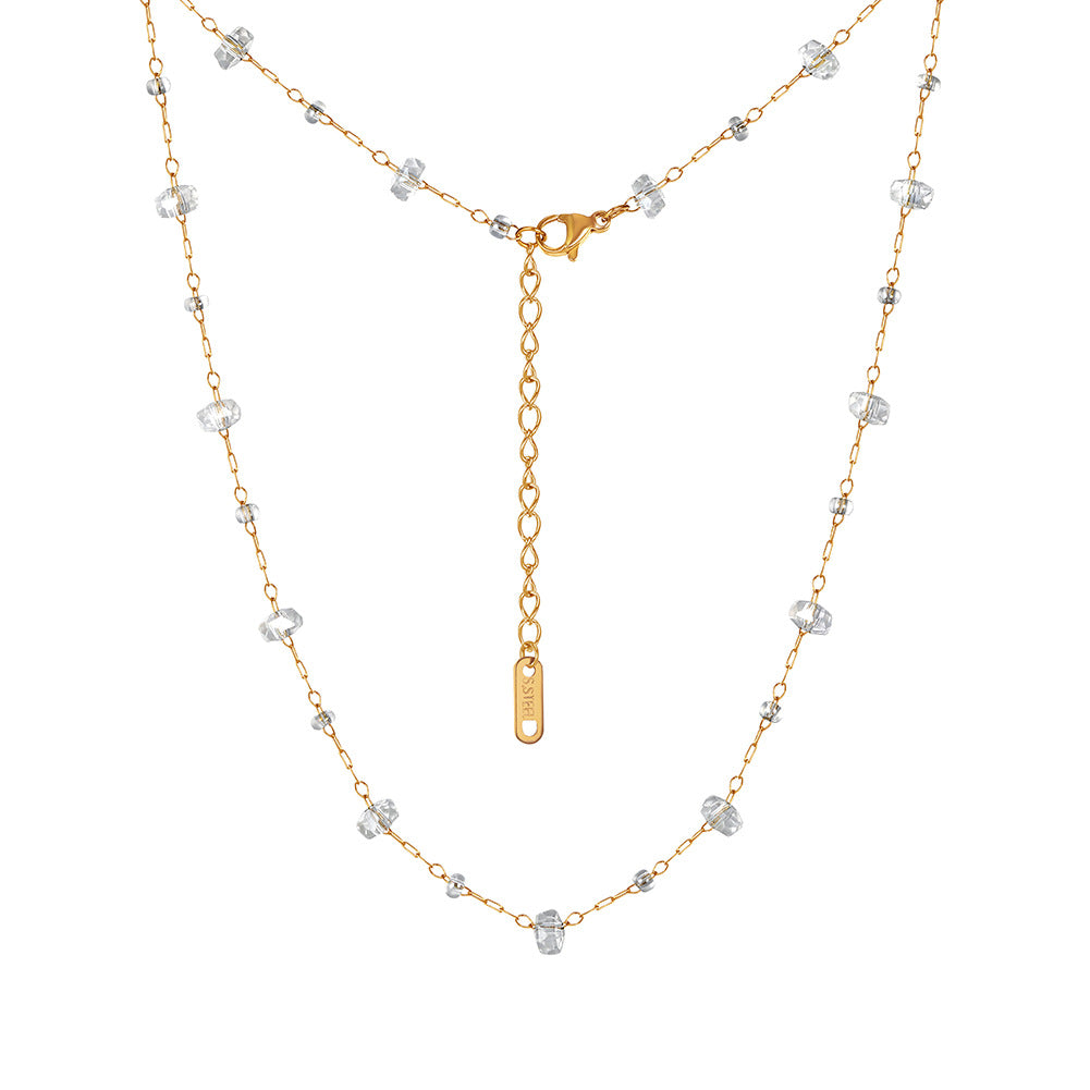 Gold Stainless Steel Clear Crystal Beaded Necklace, Irregular Faceted Glass Crystal Station Chain With Adjustable Extender