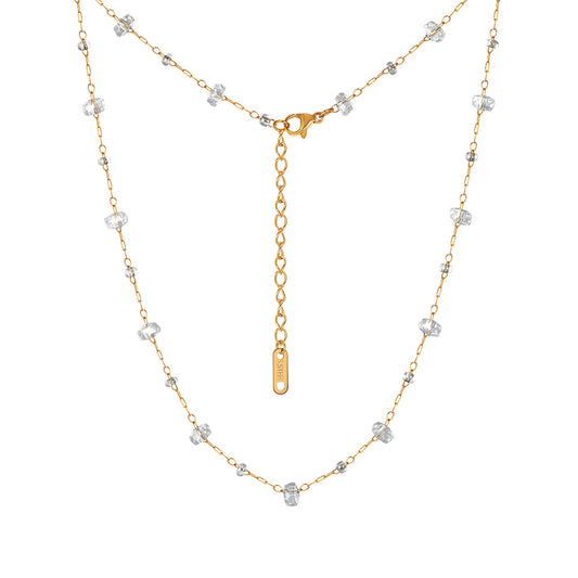 Gold Stainless Steel Clear Crystal Beaded Necklace, Irregular Faceted Glass Crystal Station Chain With Adjustable Extender