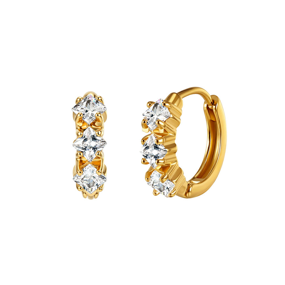 Gold Plated Stainless Steel Triple Square CZ Paved Huggie Hoop Earrings