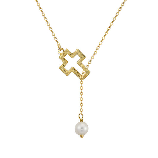Hammered Gold Cross Lariat Necklace, Lustrous Round Freshwater Pearl Drop Pendant Adjustable Gold Chain