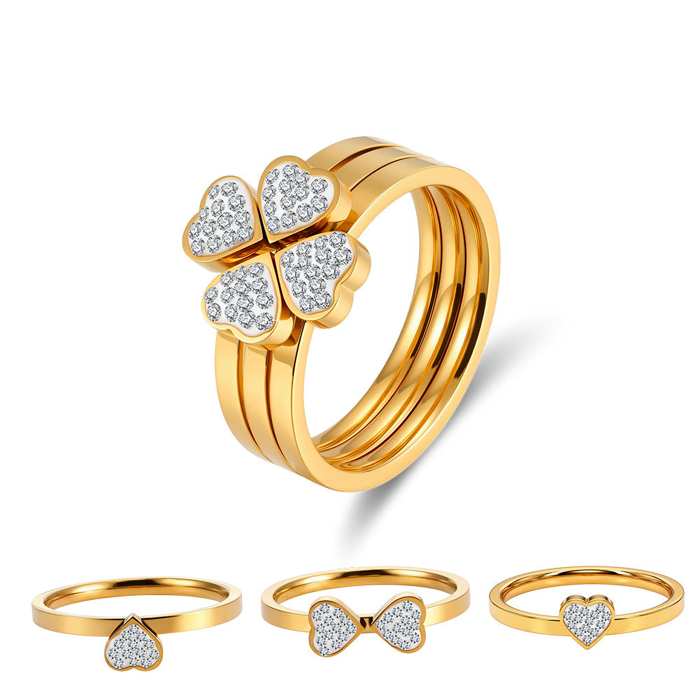Gold Plated Stainless Steel 4 Heart Clover Convertible Stacking Ring Set, Pave CZ